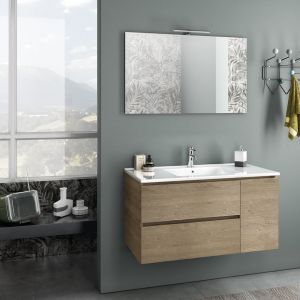 Ensemble suspendu simple vasque FLAM 100 cm - 2 tiroirs + 1 porte + miroir + applique LED - ch&ecirc;ne miel