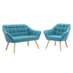 Canap&eacute; 2 places et fauteuil en tissu bleu CASERTA