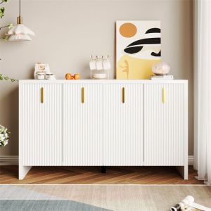 Buffet 140x80x38cm, avec 4 portes, poign&eacute;es dor&eacute;es et s&eacute;parateurs r&eacute;glables, design &eacute;l&eacute;gant, panneaux de particules, blanc