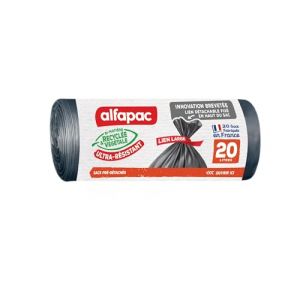 Alfapac Sacs Poubelle à Lien Large - Ultra-Résistant - 74% Recyclé et 15% Végétal - Fabrication Française - 20 x 20L, Noir