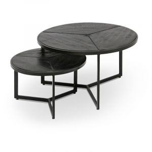 Table basse gigogne ronde en bois massif exotique. finition noir collection LAVE.