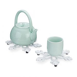 Relaxdays Lot de 2 Dessous-de-Plat Flocon de Neige, HxLxP : 1,5x18x18 cm, Support pour théière & Casserole, Fonte, Blanc