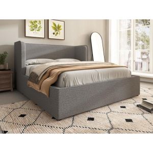 Lit cofffre capitonn&eacute; 160&times;200cm avec t&ecirc;te de lit large,tissu en liin,avec sommier &agrave; lattes,Gris