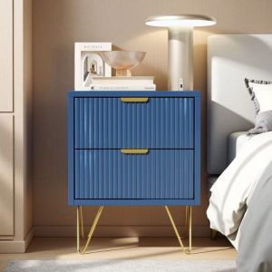 Meuble de Chevet - Bleu Marine - 2 Tiroirs - Pieds Dor&eacute;s - Design Contemporain