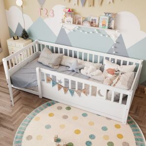 Lit enfant 90x190cm barri&egrave;re de s&eacute;curit&eacute; verrouillable en pin blanc (Sans matelas)