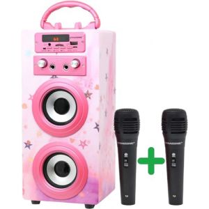 Machine à Karaoké Portable DYNASONIC avec 2 Micros, Enceinte Haut-Parleur Bluetooth, Designs Exclusifs, Lecteur USB/SD, Lumières, Cadeau pour Enfants (Modele 15)