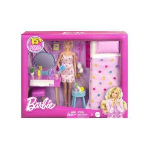 Mattel Coffret chambre a couch&eacute; et coiffeuse + poup&eacute;e + chat + 18 accessoires - poup&eacute;e mannequin + carte animal