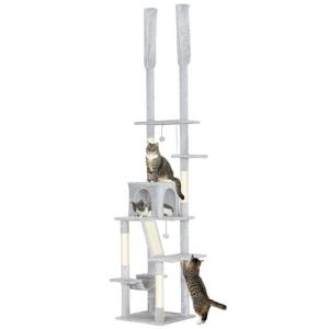 Pawhut Arbre à chat du sol au plafond - griffoir pour chat - hauteur réglable 225-255 cm - 6 niveaux niche hamac - peluche - gris clair