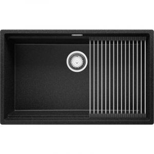 Primagran - Evier Cuisine en Granit 76x47 cm Lavabo 1 bac + Siphon Classique + égouttoir enroulable, Évier sous plan de Graphite
