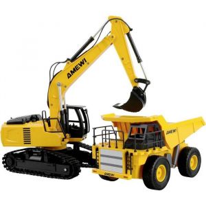Amewi Kit Benne et Pelleteuse 2 en 1 9 canaux 1:24 RTR, t&eacute;l&eacute;command&eacute;e pour Enfant &agrave; partir de 6 Ans