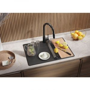 Primagran - Evier Cuisine en Granit Graphite 70x50cm, Lavabo 1 bac + Kit de Vidage + Planche &agrave; D&eacute;couper, &Eacute;vier &agrave; Encastrer au meuble 40cm - Top de