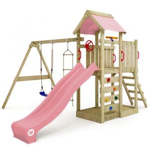 Image de Wickey Tour de jeux en bois MultiFlyer avec balançoire et toboggan, tour d'escalade avec bac à sable, échelle et accessoires de jeu – rose pastel