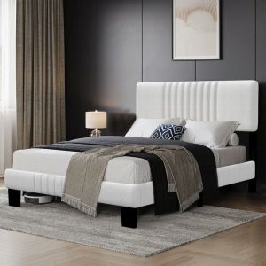 Lit Adulte Double Premium 160x200 CM Cadre Bois Solide Silencieux Tête Tapissier Réglable Moderne Raffiné avec Sommier Lattes