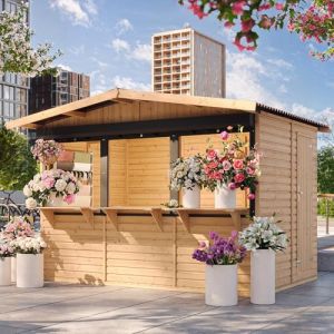 TIMBELA M150AZ Maison de jardin en bois, Étal de marché en bois, Grand stand de vendeur avec comptoir 263 x 336 cm / 6 m²
