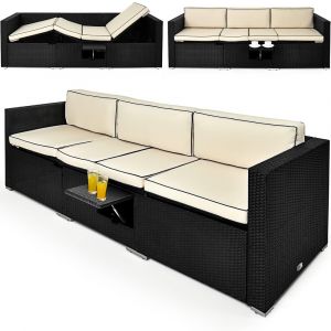 Canap&eacute; de jardin Lounge noir cr&egrave;me 230x70x70cm en polyrotin