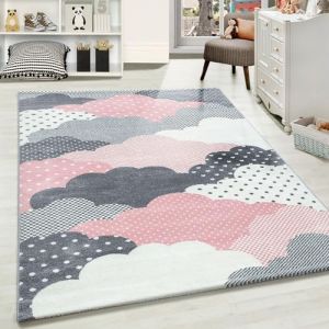 Carpetsale24 Tapis Enfant Chambre Rose 200x290 cm Motif de nuages Tapis Rectangle Facile d'entretien Doux