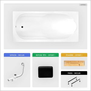 Baignoire rectangulaire - 180 x 80 cm - sans Habillage - avec Pieds - Repose-tête - Étagère bambou - Vidage Chrome - BONA