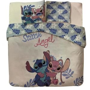 STITCH ET ANGEL - DISNEY - PARURE DE LIT 2 PERSONNES - HOUSSE DE COUETTE 240X220 CM + 2 TAIES - 65X65 CM-COTON. BLEU.