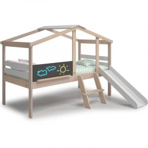 Lit cabane enfant avec toboggan 90x190 cm en bois clair/blanc - Jules