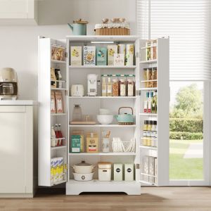 Buffet de cuisine - MODERNLUXE - 60x35x128 cm - &Eacute;clairage LED &agrave; capteur - 2 portes - 5 &eacute;tag&egrave;res r&eacute;glables - Blanc