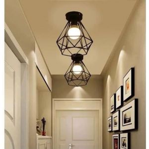 2pcs Plafonnier Industrielle en Métal Noir Cage Carré Fer Lustre pour couloir, allée, porche, chambre, etc
