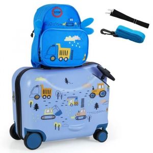 COSTWAY Valise Enfants à Roulettes 18¿ avec Sac à Dos 12¿, Roues Coque Imperméable Poignée Rétractable, Licorne, 3 Ans+, Rose Clair