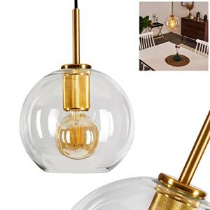 Hofstein Lampe pendante Karo en métal doré et verre transparent, élégante suspension vintage à hauteur ajustable, max. 125 cm, Ø18 cm, pour 1 ampoule E27 max. 60 Watt, compatible ampoules LED