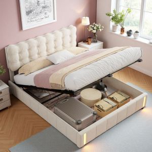Lit double 140x200cm - Lit coffre - &Eacute;clairage LED - M&eacute;canisme hydraulique - Rangement 1.2m&sup3;