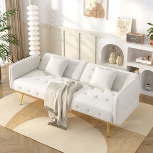 Canap&eacute; multifonctionnel 2 places - Dossier r&eacute;glable - Accoudoirs r&eacute;glables - Velours - Blanc