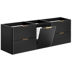 Furnidea - Meuble suspendu sous vasque avec panier &agrave; linge ADEL NOIR 160 cm - 4 tiroirs - Fa&ccedil;ades rainur&eacute;es