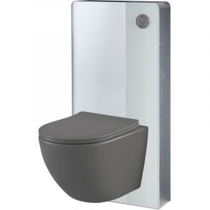 Pack WC suspendu gain de place bâti mural verre blanc + cuvette sans bride gris mat corolla