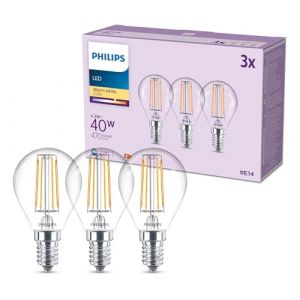 Philips Ampoules LED classiques P45, 40 W, Verre transparent, Culot E14, Blanc chaud 2700 K, Pack de 3