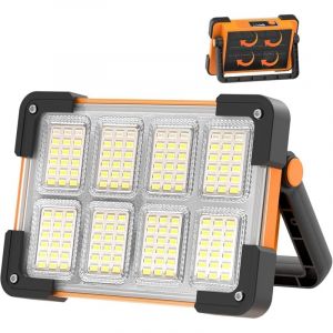 Projecteur LED &agrave; batterie, pour chantier, 4 modes, rechargeable solaire/USB, portable, &eacute;tanche. Pour garage, camping, entretien, urgences.