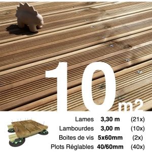 Kit complet terrasse Pin autoclave Marron pour 10 m², Lames 3,3 m, lambourdes 4,2 m, plots réglables et visserie Inox