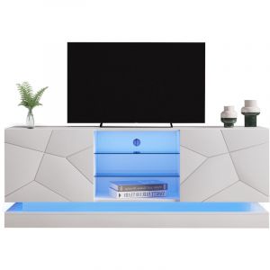 Meuble TV 160cm adapt&eacute; pour TV 70" avec LED en 16 couleurs - 2 portes et 3 &eacute;tag&egrave;res en verre - Blanc