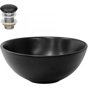 Lavabo en Céramique Noir Mat, ø 280x150 mm, avec Garniture de Vidage 1 1/4 Universelle, Design Ronde, Vasque á Poser Moderne, Évier Lave-Mains pour