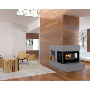 Azura home design Insert cheminée à bois Holguin avec turbine 12 kW et 3 côtés vitrées et 2 bouches recuperateur