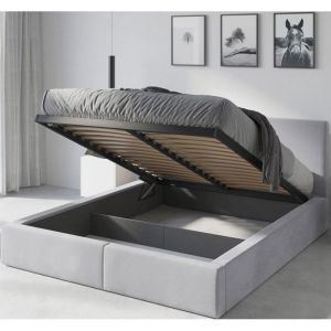 Lit coffre-Hilton-120x200 cm- Sommier avec cadre en metal- Tête de lit tapissé (gris)
