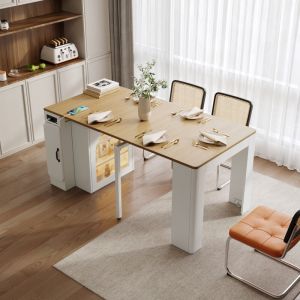 Table haute mange-debout avec plateau r&eacute;tractable, prise de courant, buffet de cuisine avec LED, porte vitr&eacute;e, MDF, blanc