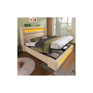 Lit coffre 140x200 cm, lit double adulte, lit moelleux avec rangement, &eacute;clairage led et prise usb, tissu en lin, beige, sans matelas