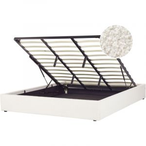 Beliani Lit Double avec Rangement en Tissu Minimaliste Moderne 180 x 200 cm Blanc Cass&eacute; Boucl&eacute; Dinan