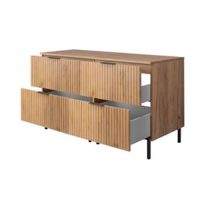 Furnidea - Meuble sous double vasque avec plan sur pieds FLOW ch&ecirc;ne craft 120 cm - 4 tiroirs - fa&ccedil;ades rainur&eacute;es