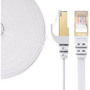 Elfcam - 12m Câble Réseau Ethernet RJ45, Cat 7 STP 100% Cuivre, Câble Plat, 32 AWG, Blanc (12M)