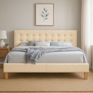 Frederic - Solide et Confortable Lit avec Sommier + Tête de Lit Capitonnee Couleur Beige160x200