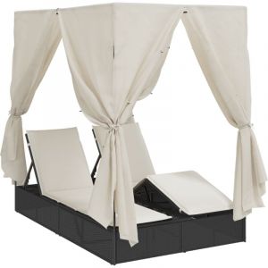 VidaXL Chill out avec le transat double avec toit et rideaux en poly rotin noir