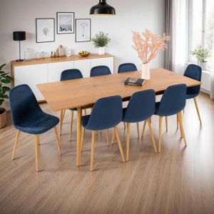 M&S Table à manger extensible naturel + 8 chaises en velours bleu - ubeli