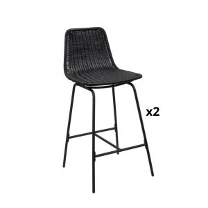 Image de Mob-in - Lot de 2 tabourets d'ilot 65 cm en métal et rotin synthétique kuta Noir - Noir