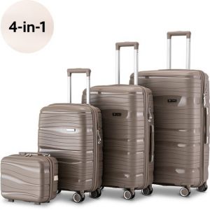 Sc SKYCASES Travelin' Charm 4-Piece Trolley Set - Hand Luggage & Check-in Suitcases - 32L/60L/98L - Number Lock - 360&deg; Noiseless Wheels - Lightweight & Sturdy - Modern Design - Champagne