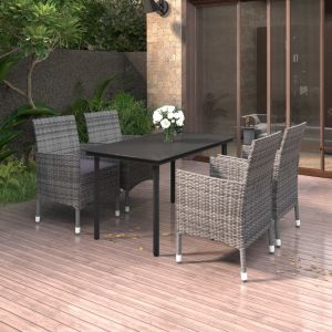 VidaXL Mobilier &agrave; d&icirc;ner de jardin coussins 5 pcs R&eacute;sine tress&eacute;e Verre Gris