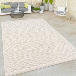 Paco Home - Tapis Exterieur Terrasse Salon Cuisine Motif Scandinave Motif Boho Uni 120 cm rond, Cr&egrave;me 4